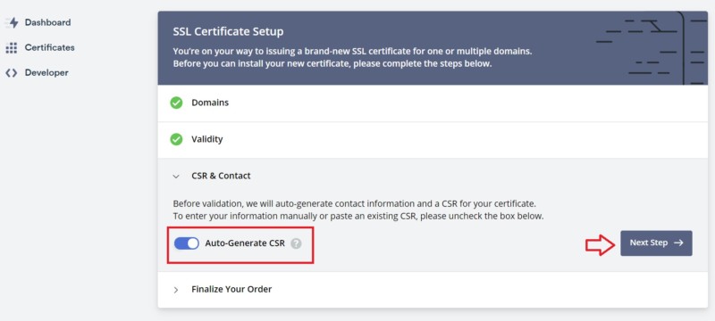 Captura de pantalla quinto paso para crear e instalar un certificado SSL gratis