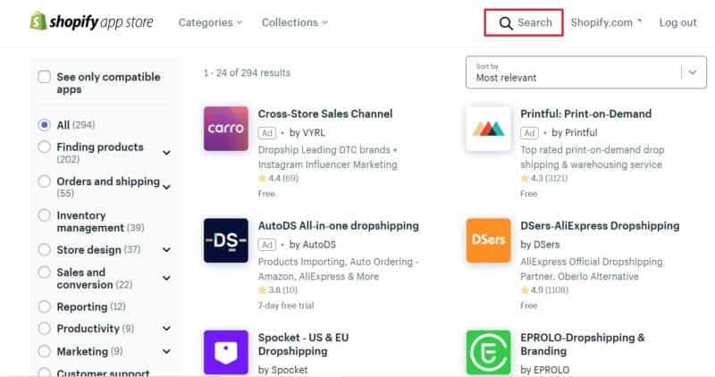 Captura de pantalla de Shopify App Store, la tienda de apps para Shopify, en donde se peuden encontrar miles de recursos para personalizar una tienda, y lo mas importante, encontrar productos para dropshipping