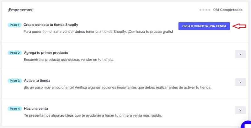 Captura de pantalla sobre cómo iniciar el proceso de conexión de Oberlo con Shopify
