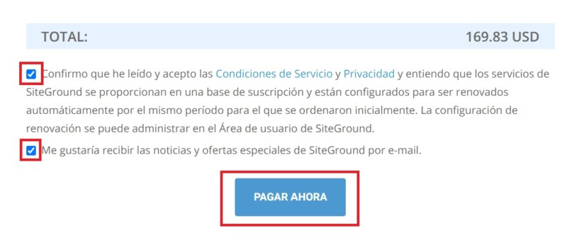 Finalización de proceso de compra de un plan de hosting en SiteGround