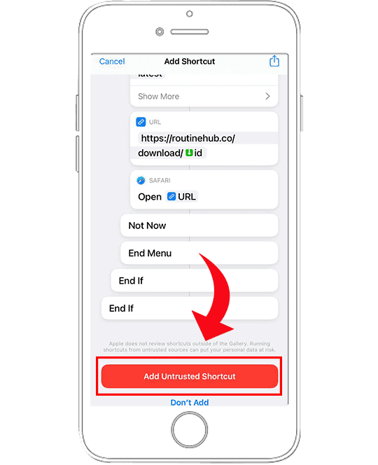 Autorización para instalar atajo desconocido en iPhone