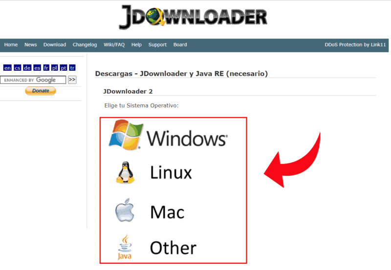 Elección de sistema operativo para descargar jDownloader